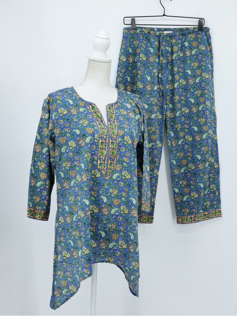Signals Cotton 2 Piece Pants Set Tunic Pants Blue Floral Boho Resort Wear XL‎ L
